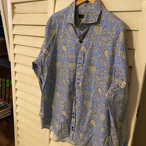 Paisley button down shirt with French cuffed sleeves.